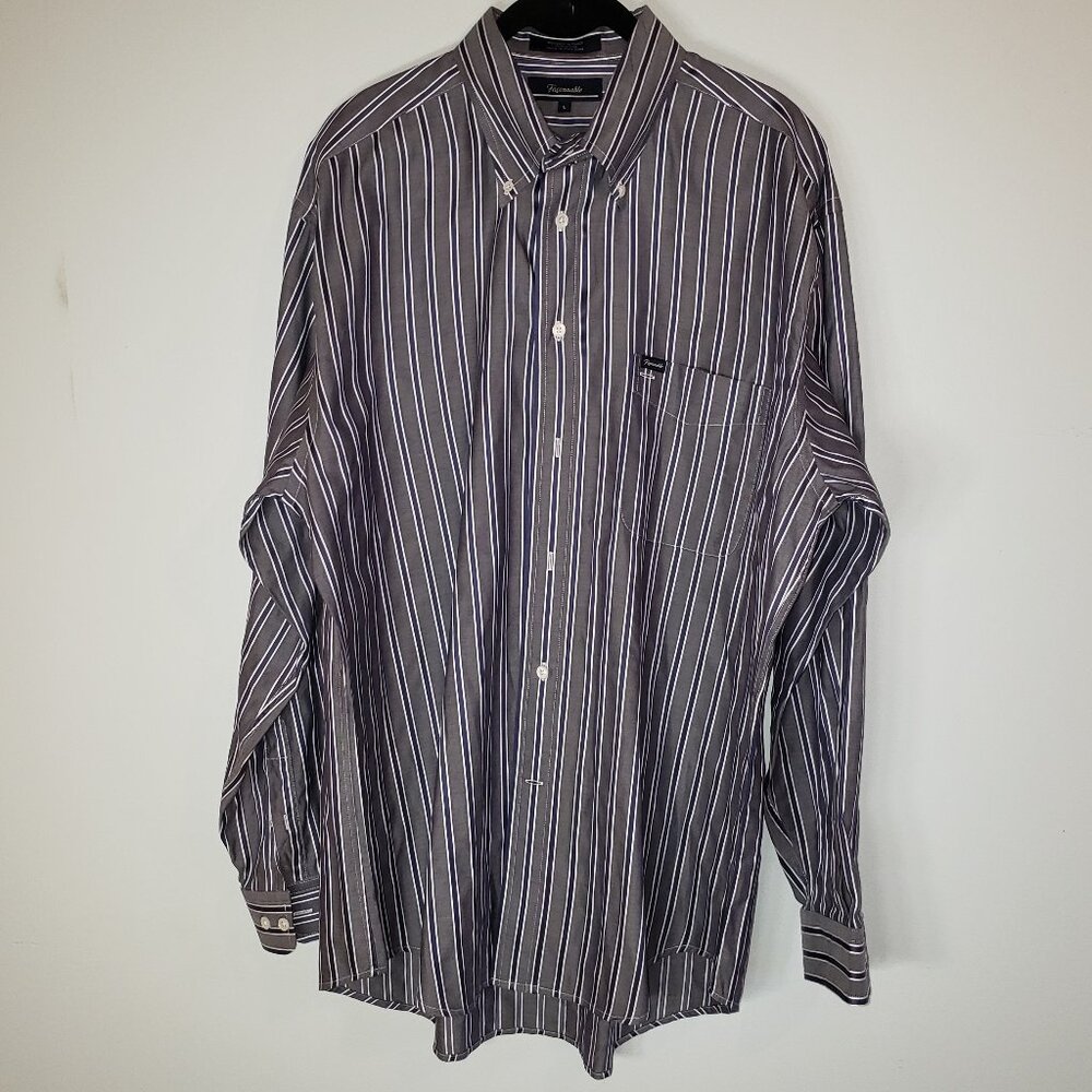 Faconnable Mens Large Button Down Dress Shirt Pocket Long Sleeve Blue Stripes